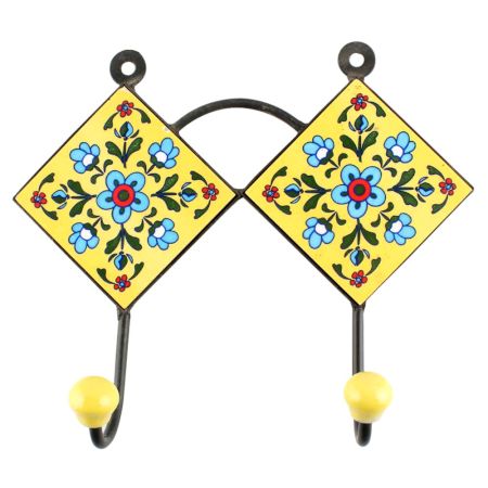 Yellow With Turquoise Tiny Flower Ceramic Tile Hook